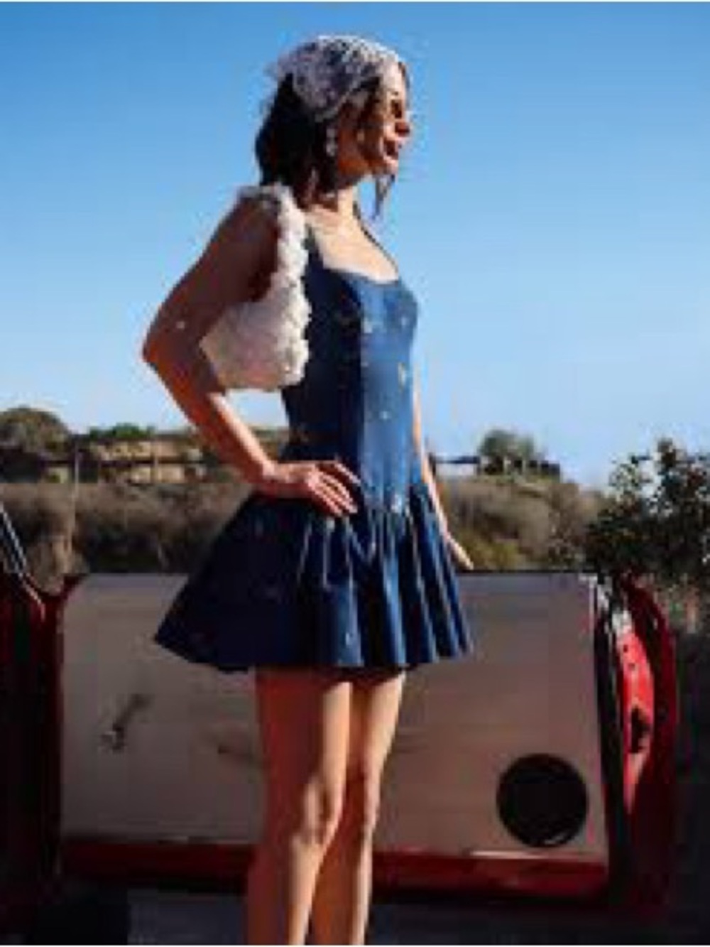 Avec Les Filles Denim Mini Dress with Floral Embroidery - Blue - Picture 3 of 6